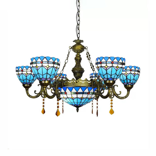 Blue Tiffany Chandelier With Amber Crystal And Jewel Detail For Dining Room Ceiling