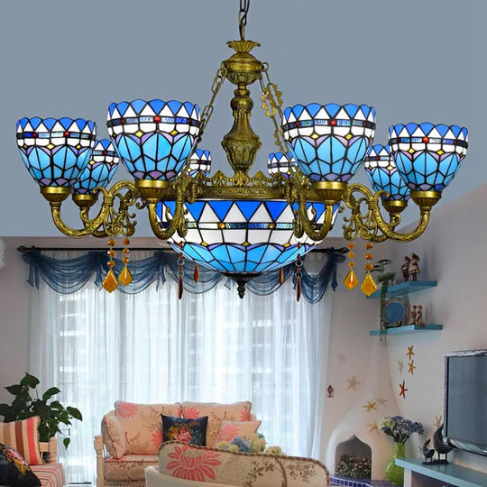 Tiffany Style Blue Chandelier With Amber Crystal And Jewel Accents For Dining Room Ceiling 9 /