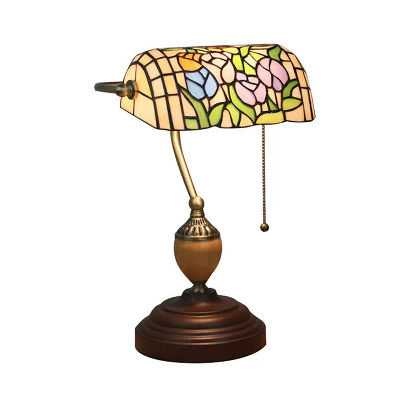 Tiffany Style Bankers Table Lamp - 1 Light Stainless Glass Brown Finish Pull Chain