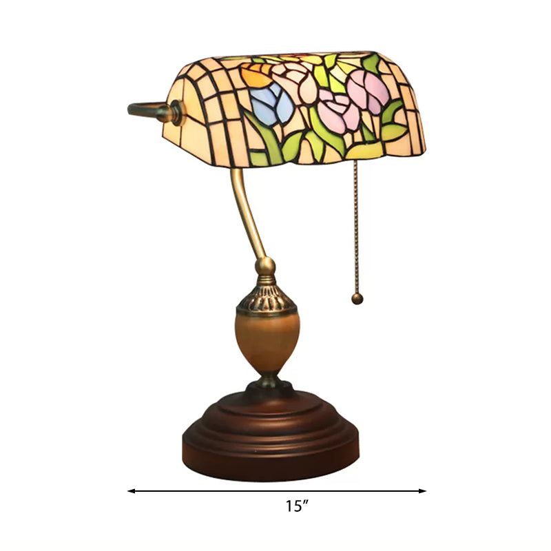 Tiffany Style Bankers Table Lamp - 1 Light Stainless Glass Brown Finish Pull Chain