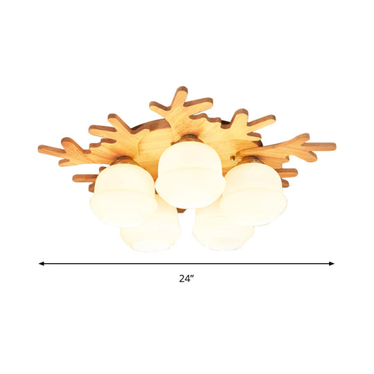 White Bud Shade Ceiling Mount Light With Beige Antlers - Kid Bedroom’s Lovely Wooden Lamp