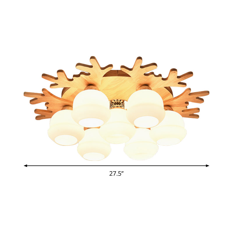 White Bud Shade Ceiling Mount Light With Beige Antlers - Kid Bedroom’s Lovely Wooden Lamp