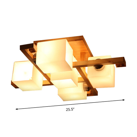 Japanese Style Cube Shade Led Flush Mount With Wood And Milk Glass - Perfect For Office Ceilings!