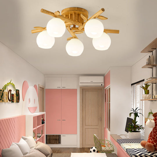 Semi Flush Opal Glass Ceiling Lamp With Wooden Branch - Creative Sphere Dining Room Light In Beige