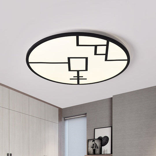 Modern Round Led Ceiling Light In Black/White With Geometric Pattern - Flush Mount Fixture For