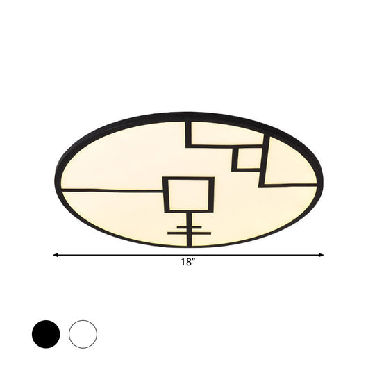 Modern Round Led Ceiling Light In Black/White With Geometric Pattern - Flush Mount Fixture For