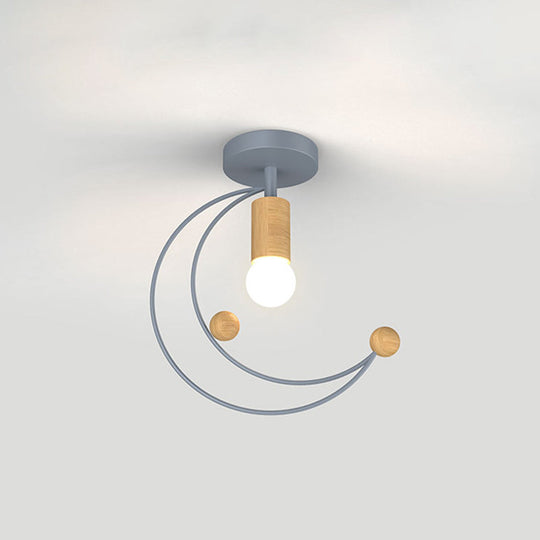 Modern Metallic Crescent Ceiling Light With Wooden Ball Deco - Semi Flush Mount In Black/White/Grey