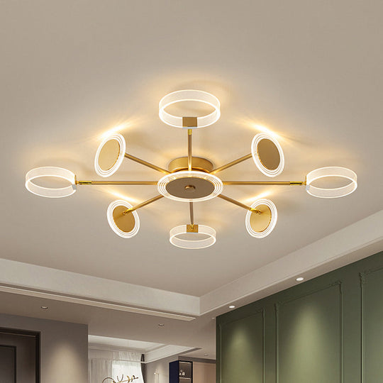 Modern Circle Semi Flush Acrylic Led Ceiling Light In Gold - 31.5’/39’ 7/9 Heads Warm/White For