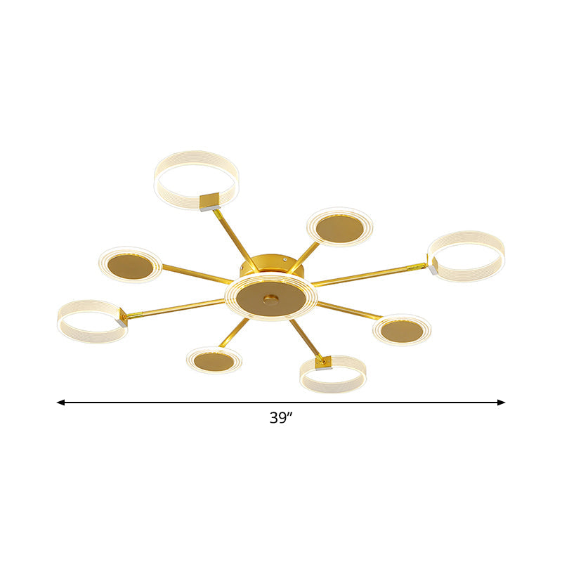 Modern Circle Semi Flush Acrylic Led Ceiling Light In Gold - 31.5’/39’ 7/9 Heads Warm/White For