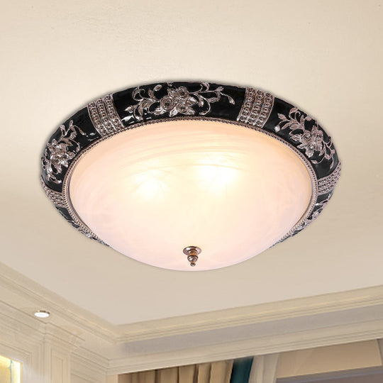 Rural Black Domed Flush Mount Lamp With Frosted Glass Ceiling And Leave/Flower Deco 3 - Light