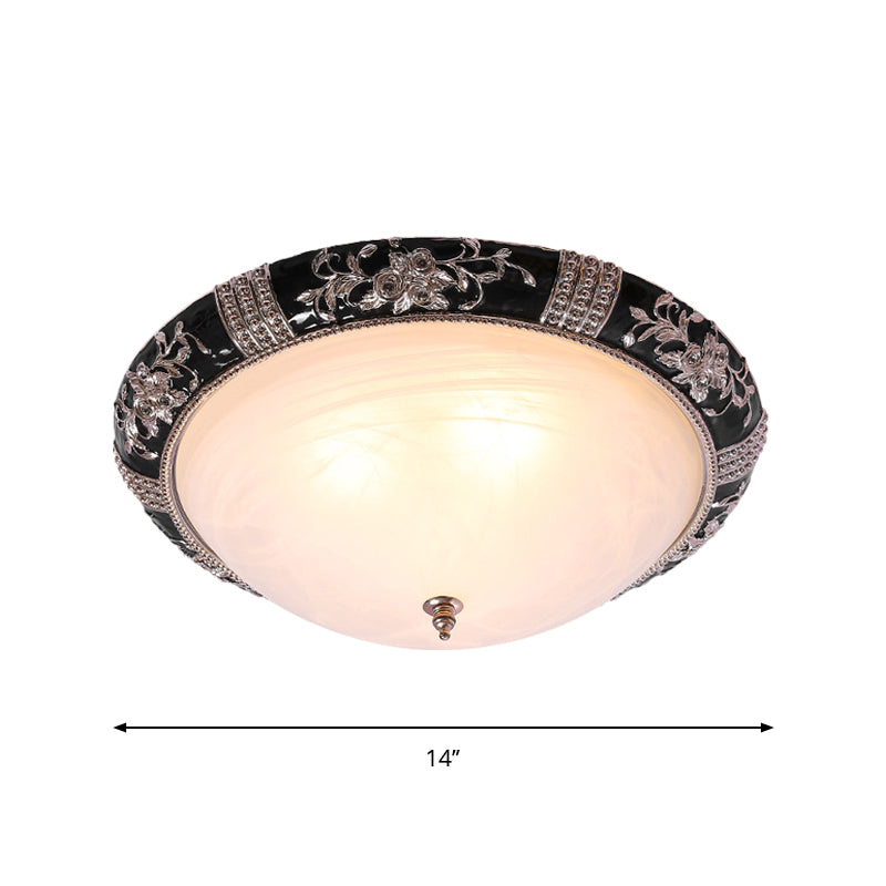 Rural Black Domed Flush Mount Lamp With Frosted Glass Ceiling And Leave/Flower Deco 3-Light 14/19.5