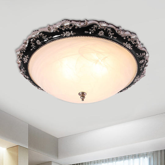 Rural Black Domed Flush Mount Lamp With Frosted Glass Ceiling And Leave/Flower Deco 3-Light 14/19.5