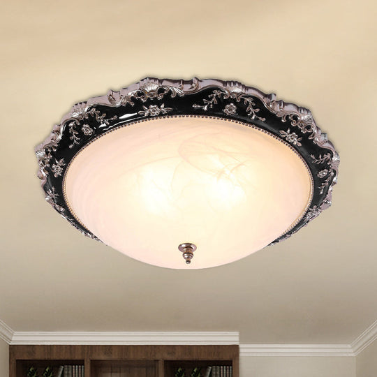 Rural Black Domed Flush Mount Lamp With Frosted Glass Ceiling And Leave/Flower Deco 3 - Light