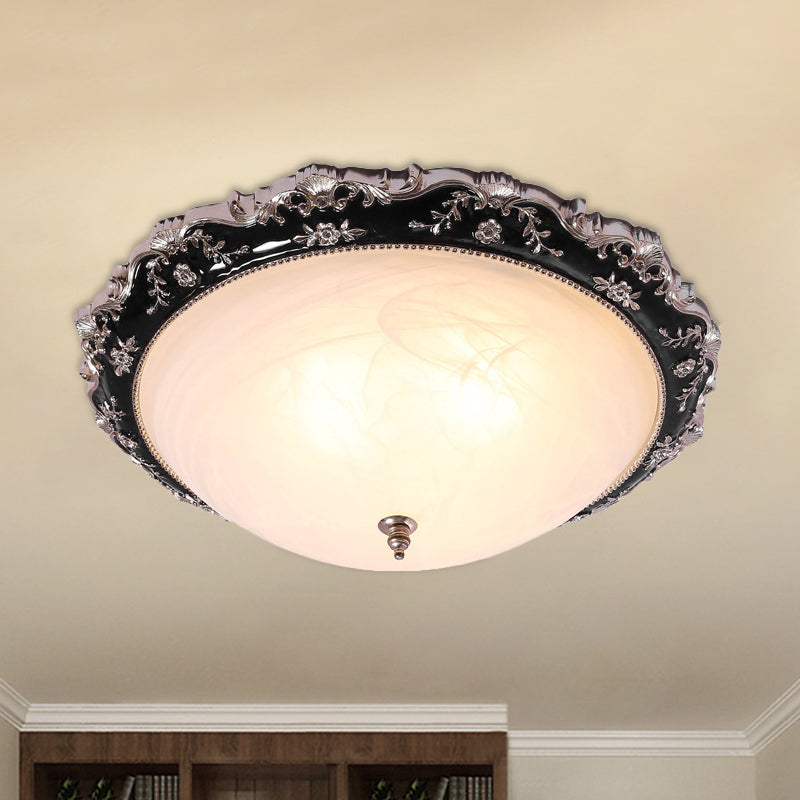 Rural Black Domed Flush Mount Lamp With Frosted Glass Ceiling And Leave/Flower Deco 3-Light 14/19.5