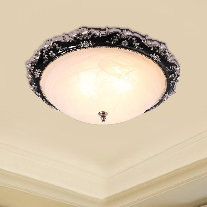 Rural Black Domed Flush Mount Lamp With Frosted Glass Ceiling And Leave/Flower Deco 3-Light 14/19.5