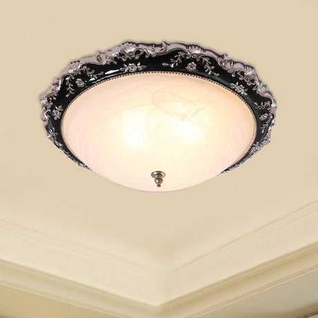 Rural Black Domed Flush Mount Lamp With Frosted Glass Ceiling And Leave/Flower Deco 3-Light 14/19.5