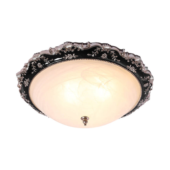 Rural Black Domed Flush Mount Lamp With Frosted Glass Ceiling And Leave/Flower Deco 3 - Light