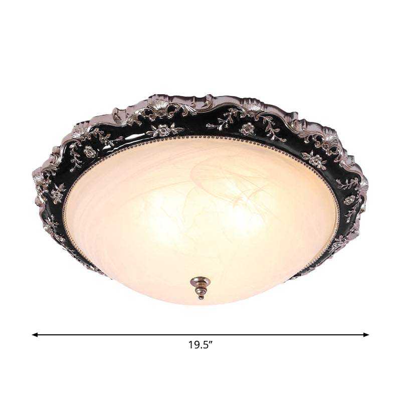 Rural Black Domed Flush Mount Lamp With Frosted Glass Ceiling And Leave/Flower Deco 3 - Light