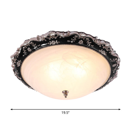 Rural Black Domed Flush Mount Lamp With Frosted Glass Ceiling And Leave/Flower Deco 3-Light 14/19.5