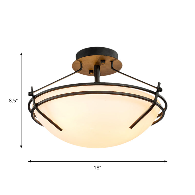 Traditional Black Glass Ceiling Light Fixture With 3 Opaque Heads For Bedroom Bowl Semi - Flush