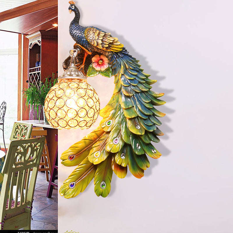 Peacock Wall Sconce - Single Head Cottage White/Red/Blue Resin Light Fixture With Crystal Shade