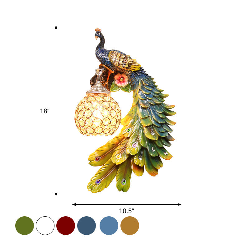 Peacock Wall Sconce - Single Head Cottage White/Red/Blue Resin Light Fixture With Crystal Shade
