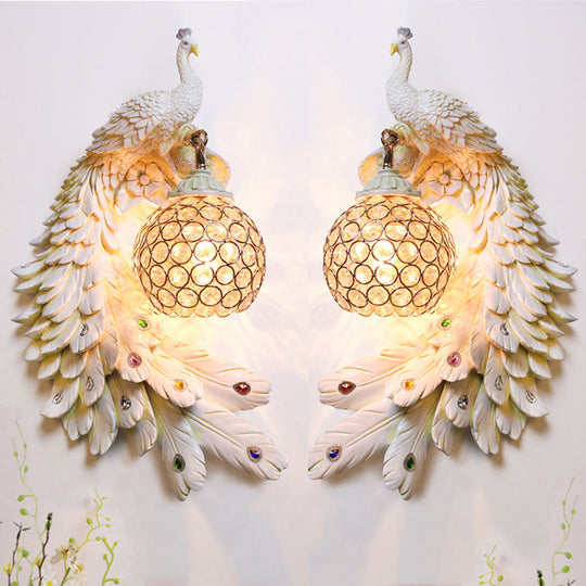 Peacock Wall Sconce - Single Head Cottage White/Red/Blue Resin Light Fixture With Crystal Shade