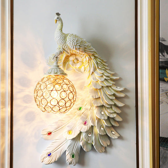 Peacock Wall Sconce - Single Head Cottage White/Red/Blue Resin Light Fixture With Crystal Shade