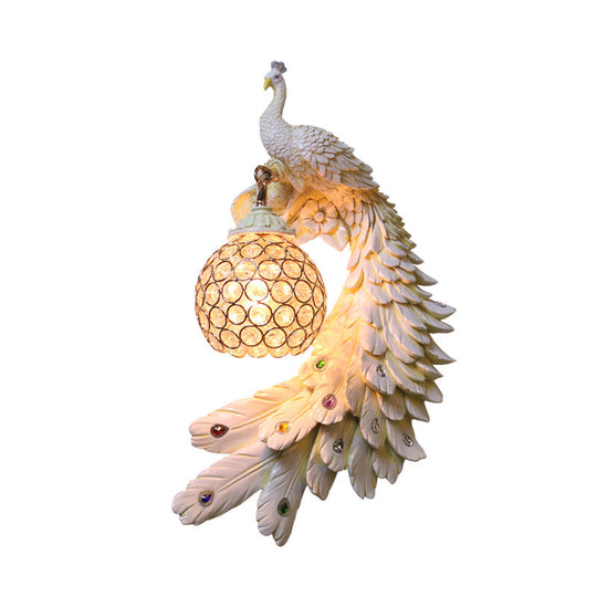 Peacock Wall Sconce - Single Head Cottage White/Red/Blue Resin Light Fixture With Crystal Shade