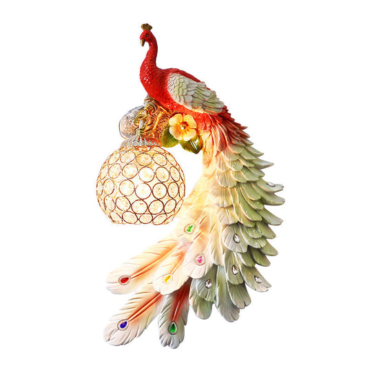 Peacock Wall Sconce - Single Head Cottage White/Red/Blue Resin Light Fixture With Crystal Shade