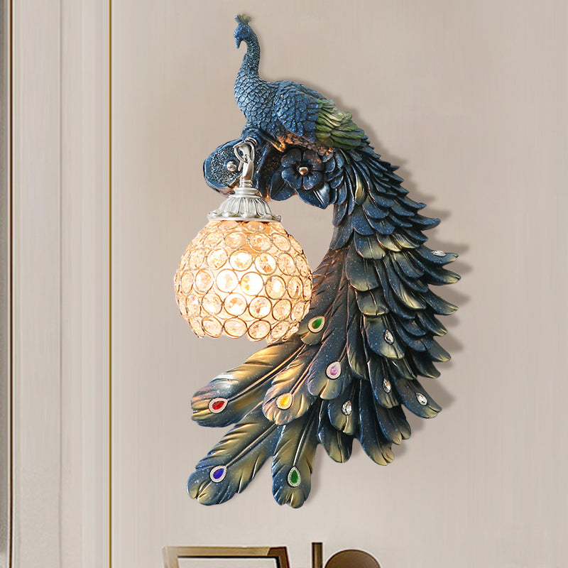 Peacock Wall Sconce - Single Head Cottage White/Red/Blue Resin Light Fixture With Crystal Shade