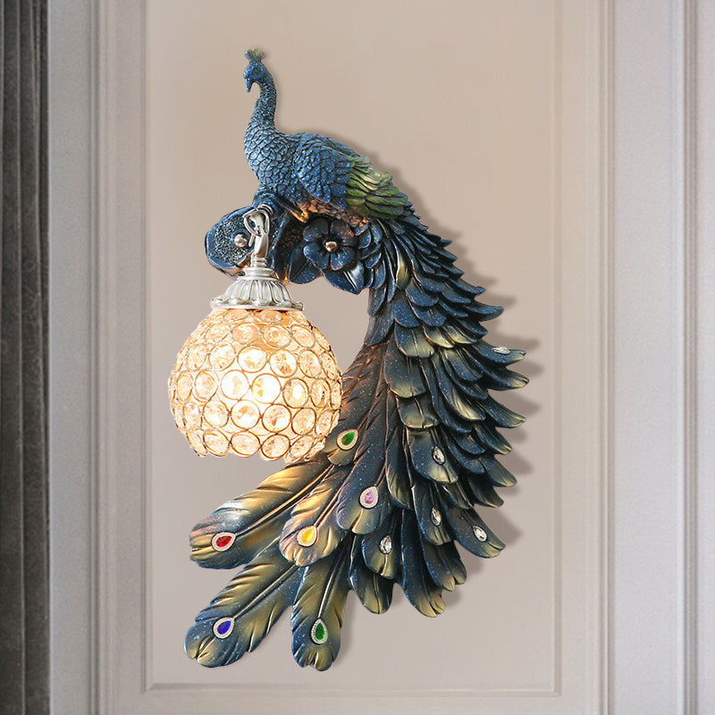 Peacock Wall Sconce - Single Head Cottage White/Red/Blue Resin Light Fixture With Crystal Shade