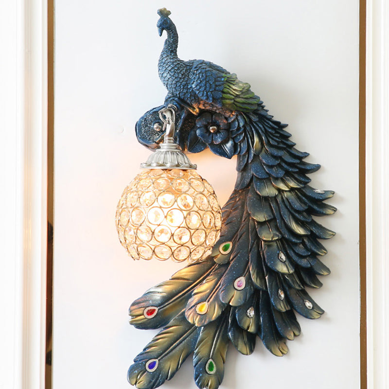Peacock Wall Sconce - Single Head Cottage White/Red/Blue Resin Light Fixture With Crystal Shade