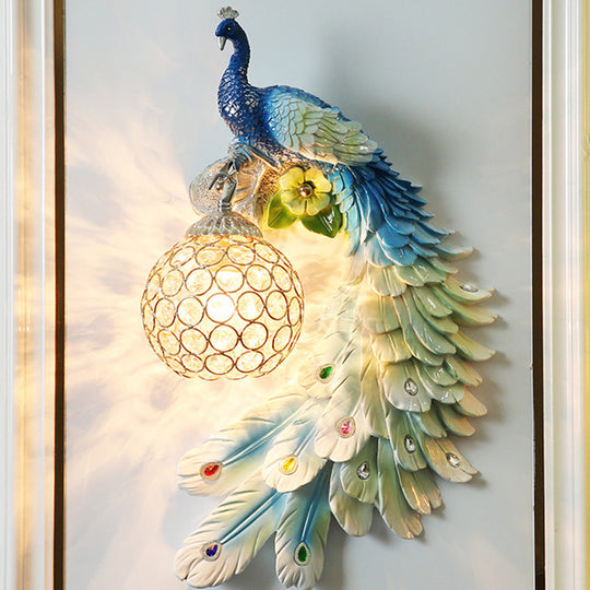 Peacock Wall Sconce - Single Head Cottage White/Red/Blue Resin Light Fixture With Crystal Shade