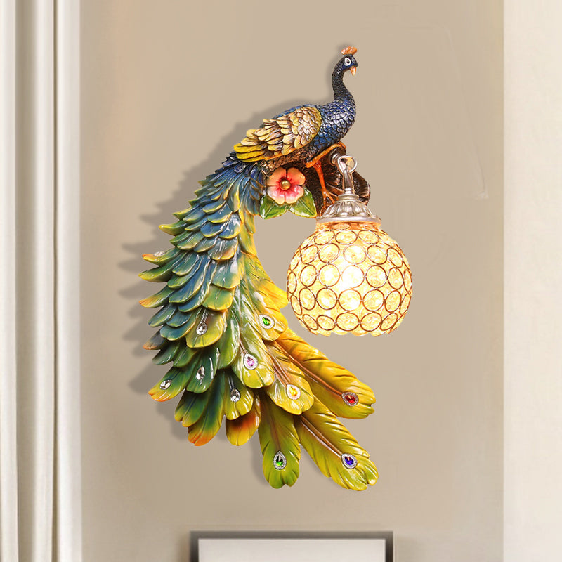 Peacock Wall Sconce - Single Head Cottage White/Red/Blue Resin Light Fixture With Crystal Shade