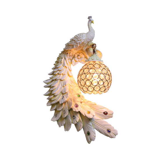 Peacock Wall Sconce - Single Head Cottage White/Red/Blue Resin Light Fixture With Crystal Shade