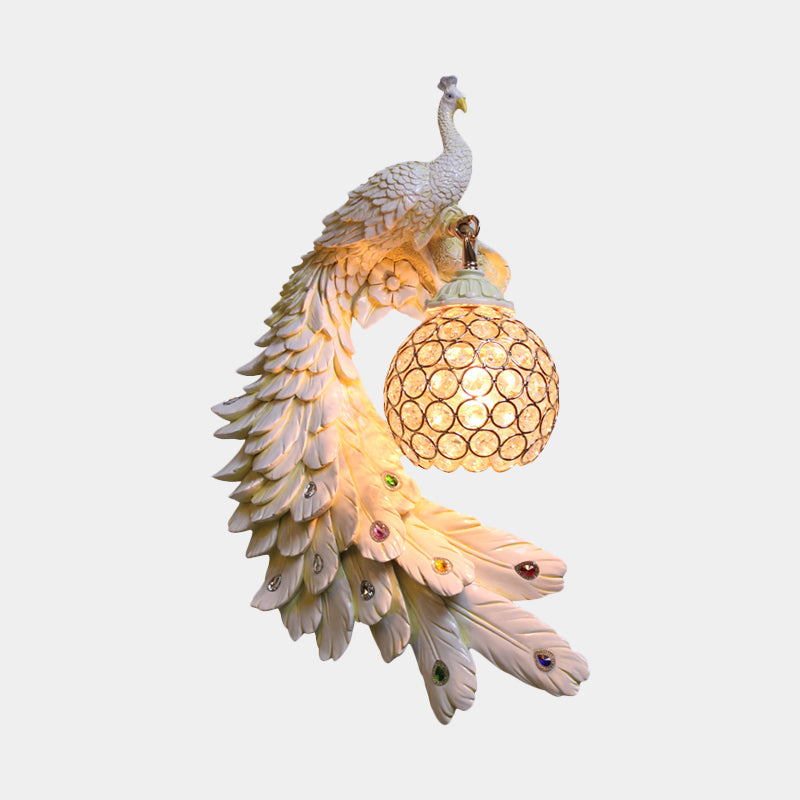 Peacock Wall Sconce - Single Head Cottage White/Red/Blue Resin Light Fixture With Crystal Shade