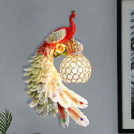 Peacock Wall Sconce - Single Head Cottage White/Red/Blue Resin Light Fixture With Crystal Shade