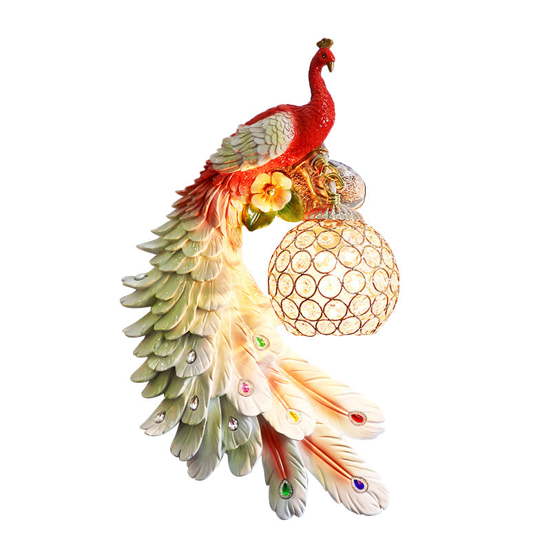Peacock Wall Sconce - Single Head Cottage White/Red/Blue Resin Light Fixture With Crystal Shade