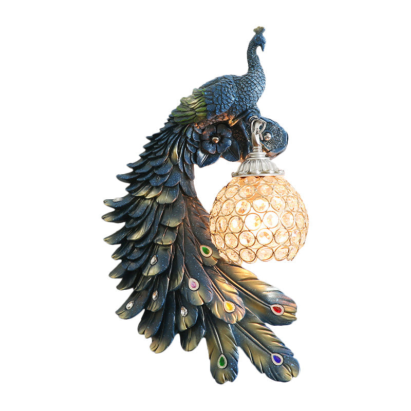 Peacock Wall Sconce - Single Head Cottage White/Red/Blue Resin Light Fixture With Crystal Shade