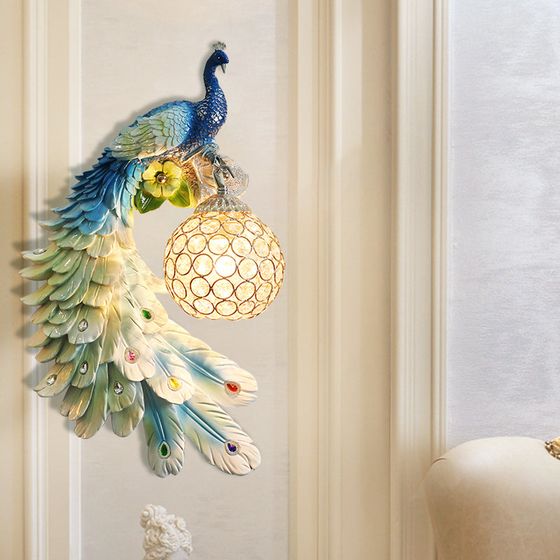 Peacock Wall Sconce - Single Head Cottage White/Red/Blue Resin Light Fixture With Crystal Shade