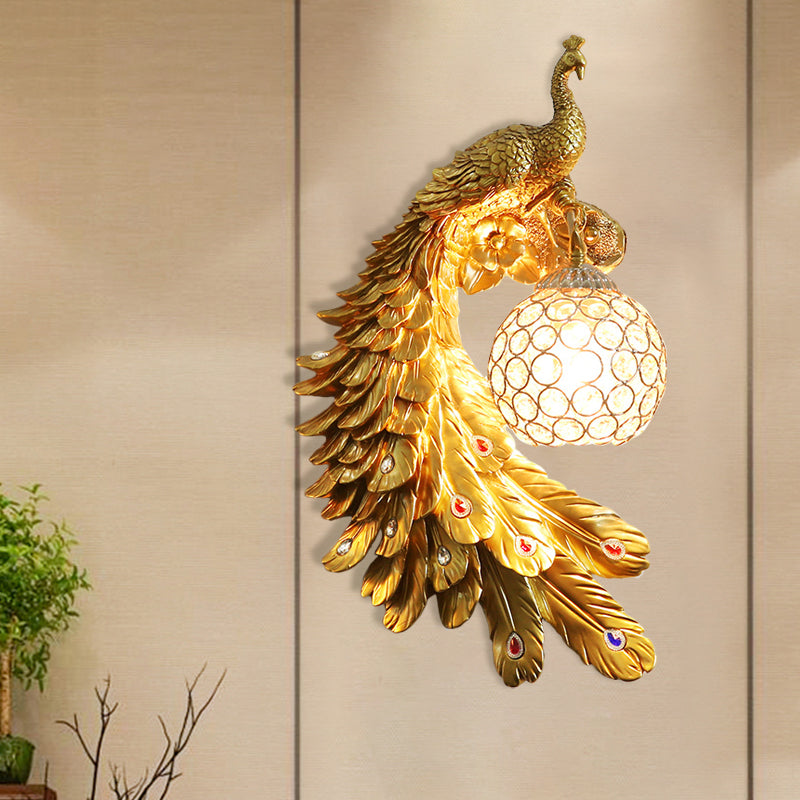 Peacock Wall Sconce - Single Head Cottage White/Red/Blue Resin Light Fixture With Crystal Shade