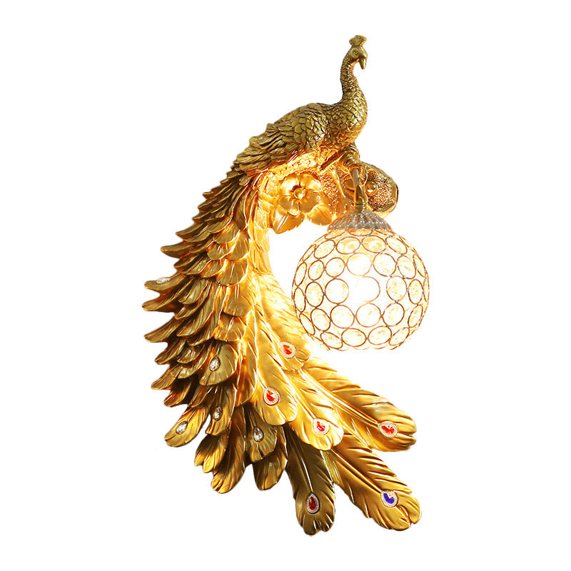 Peacock Wall Sconce - Single Head Cottage White/Red/Blue Resin Light Fixture With Crystal Shade