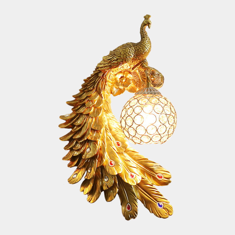 Peacock Wall Sconce - Single Head Cottage White/Red/Blue Resin Light Fixture With Crystal Shade