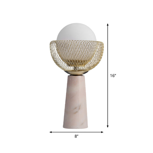 Rita - Minimalist Sphere White Glass Table Light 1-Head Gold Night Lamp With Mesh Design