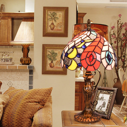 Hortense - Baroque 2-Light Bedroom Table Lamp Brass Peacock Tail Patterned Night Light With Bowl