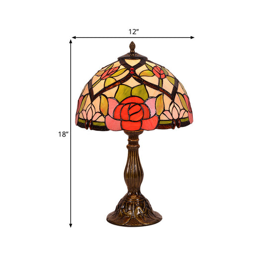 Alrai - Victorian Bloom Night Lighting Stained Glass 1 Light Brass Finish Nightstand Lamp With Bowl