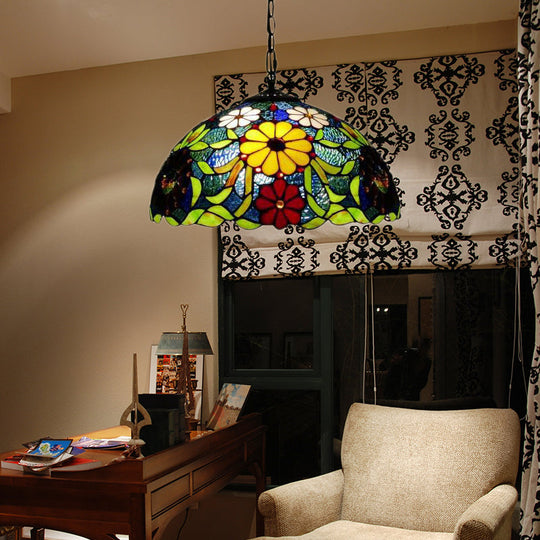 Bloom Buntglas-Deckenpendelleuchte mit verstellbarer Kette – Viktorianisches Rot/Gelb/Rot-Gelb-Blau-Grün (3er-Set)