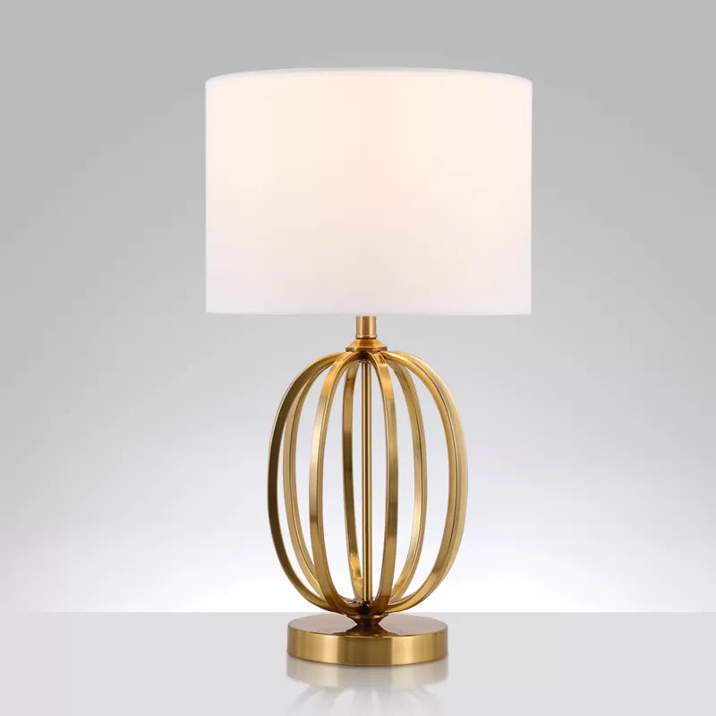 Vintage Single Bulb Table Lamp With Fabric Drum Shade Gold Oval Frame Base