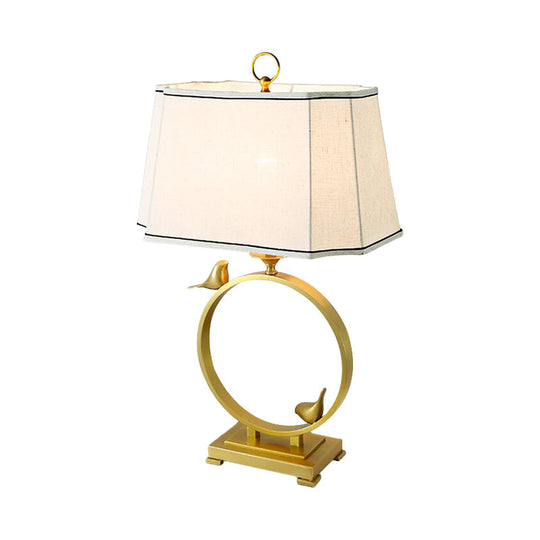 Chloé - Brass Fabric Desk Lamp Paneled Cuboid 1 Light Rustic Style Night Lighting With Bird Deco
